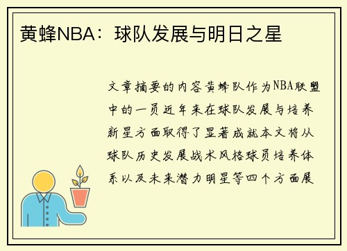 黄蜂NBA：球队发展与明日之星